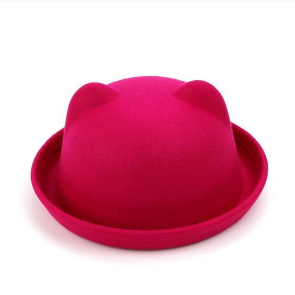Pink Round Crown Stiff Brim Derby Cat Ears Bowler Hat NEW - Picture 2 of 4
